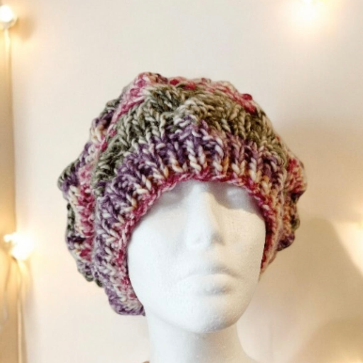 Handknit Cable Slouchy Beanie | Knit Beret |Slouchy Hat in marshmallow wildberry | Knit beanie pink purple | Fluffy chunky cozy winter hat