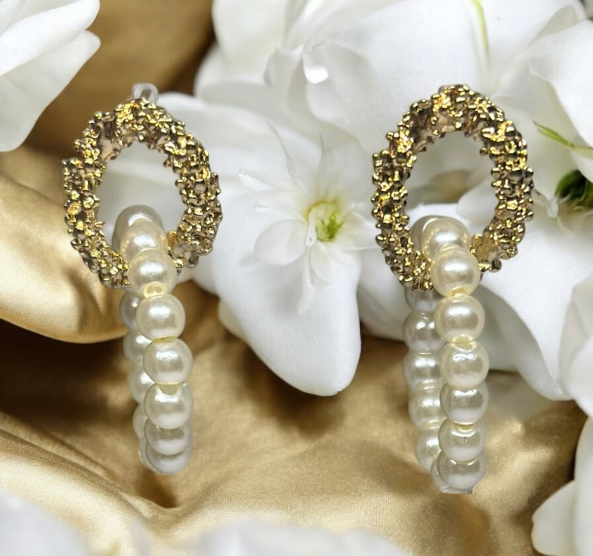 Golden pearl hoop earrings | pearl bead party earrings | open hoop earrings | gold textured lightweight statement earrings