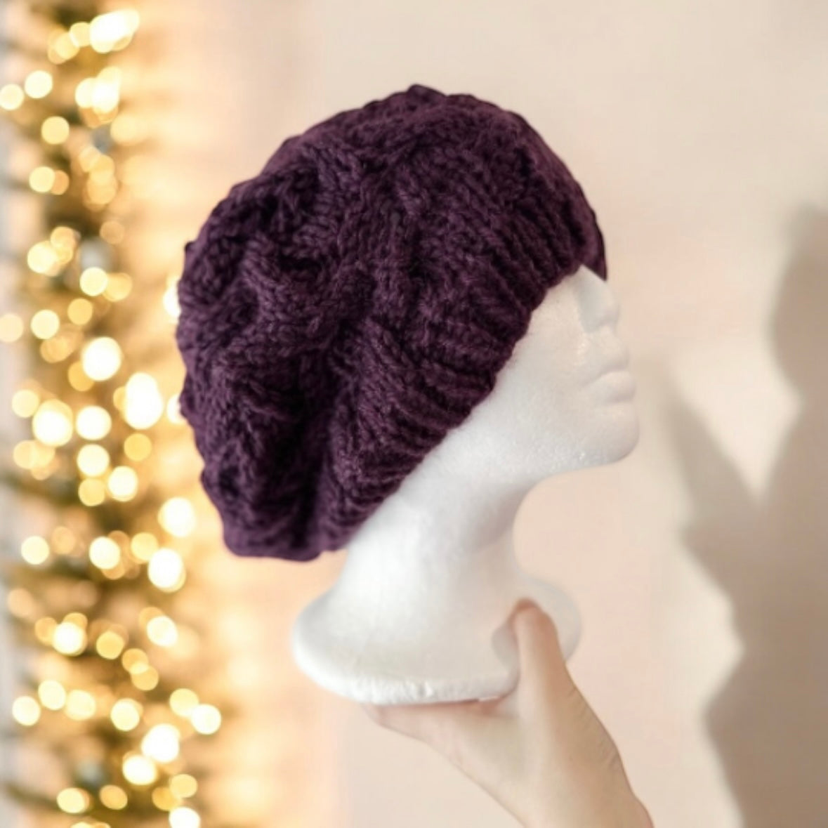 Handknit Cable Slouchy Beanie | Knit Beret | Slouchy Hat in berry wine purple | Knit beanie fluffy wool cozy winter hat