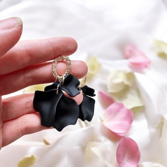 Pure black flowers earrings | frosted petals hoop earrings | statement earrings | golden wooden branches floral bridal earrings