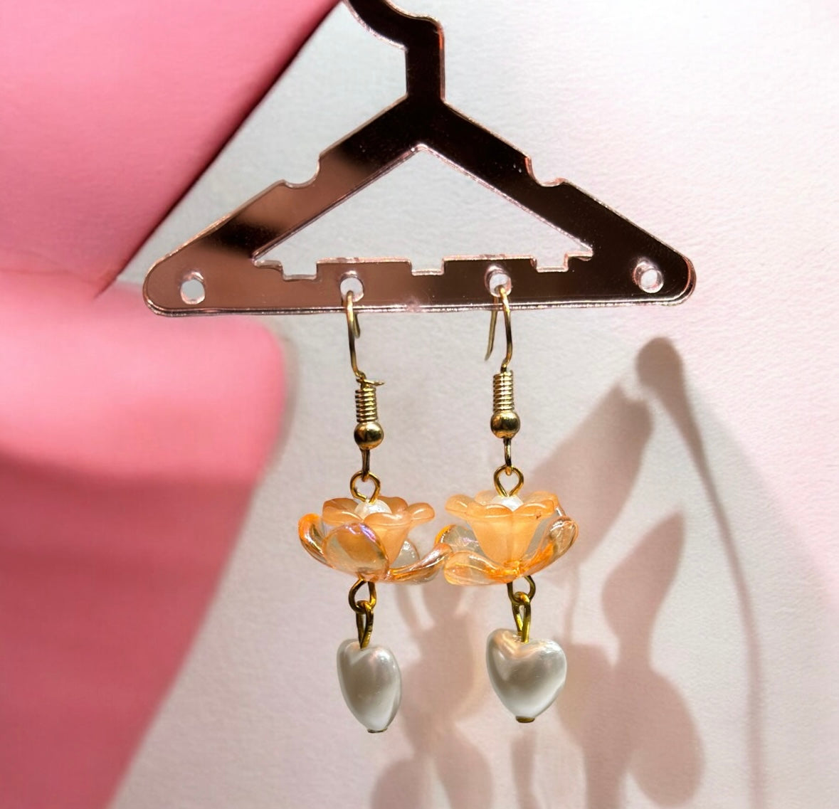 Orange flower earrings | elegant floral dangle chain earrings