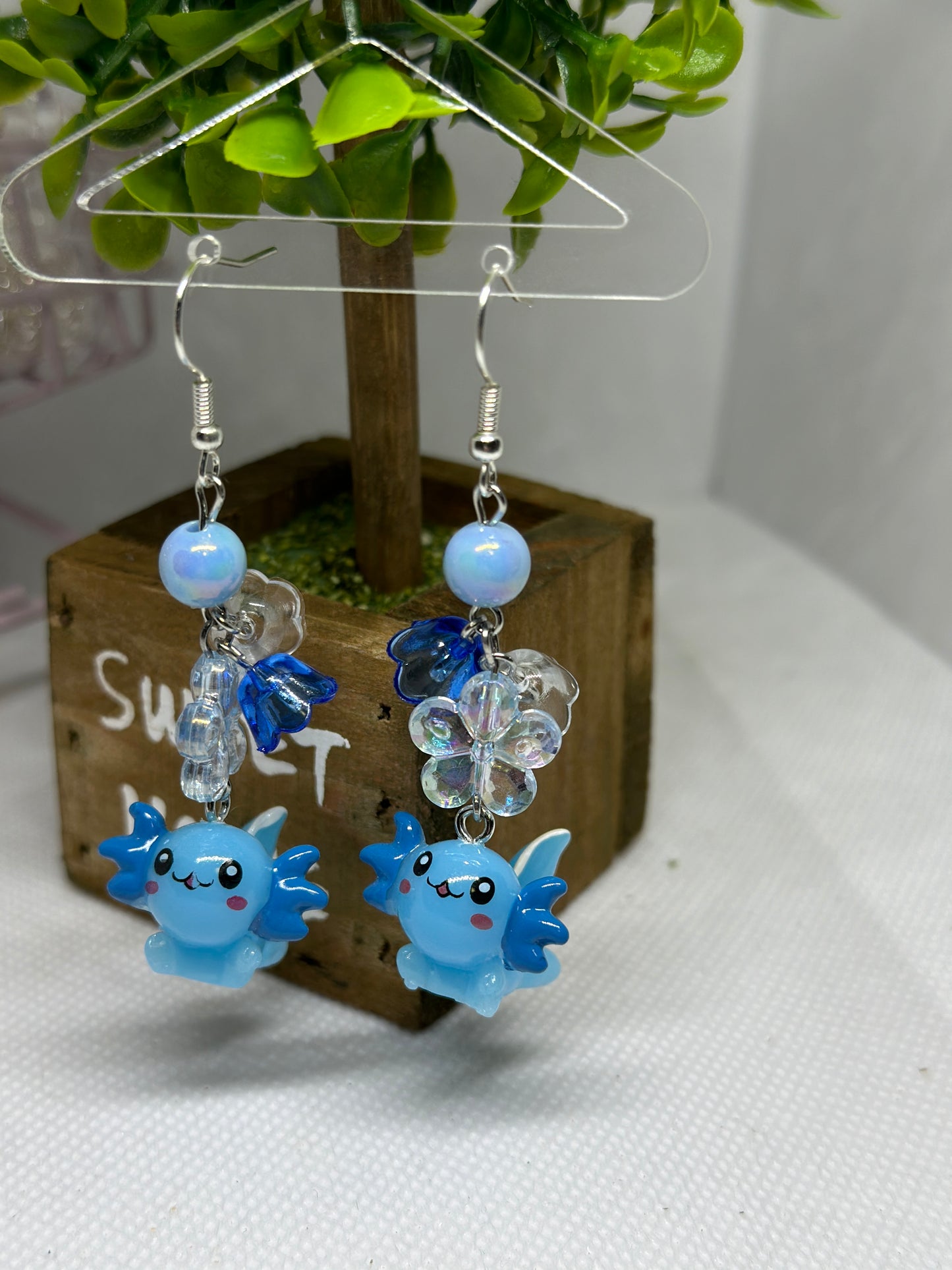 Blue Axolotl earrings | 3d dangle earrings | sea creature earrings