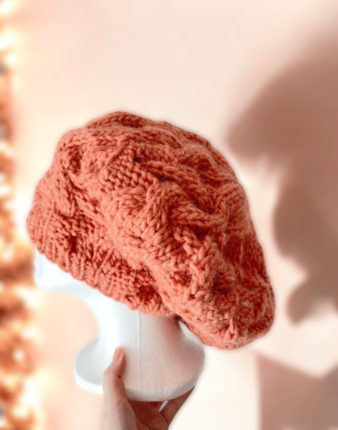 Handknit Cable Slouchy Beanie | Knit Beret | Slouchy Hat in coral orange colour| Knit beanie in peach | Fluffy and cozy winter hat