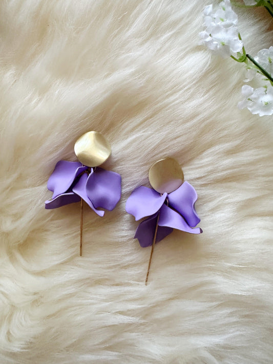 pastel purple petals earrings with golden bar 