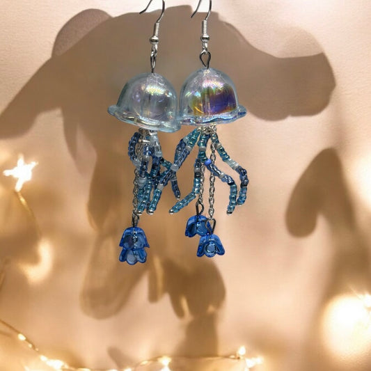 Beaded tentacles Jellyfish earrings | sea creature earrings | colourful clear iridescent dangle earrings | halgoram fun y2k earrings