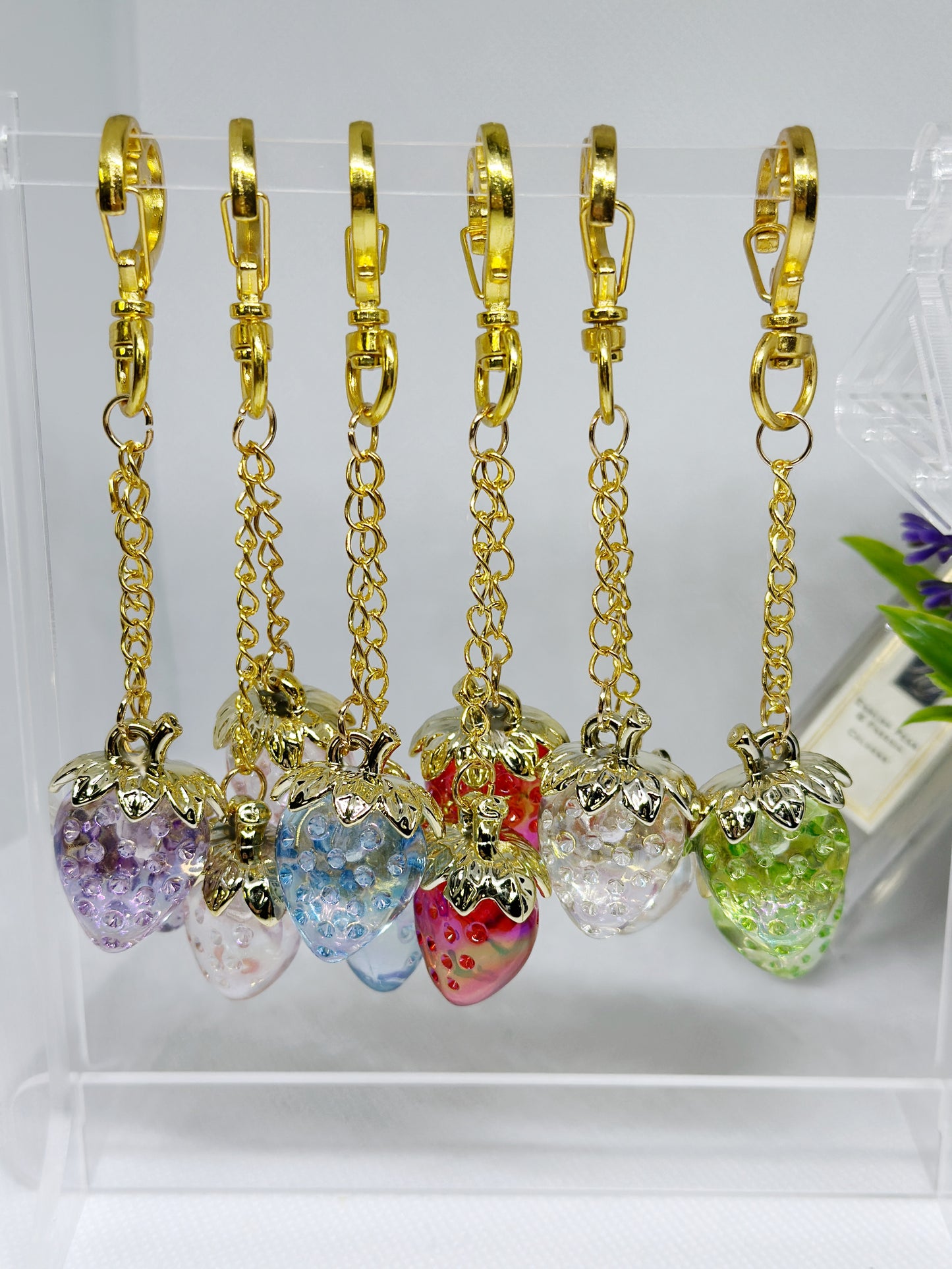 Strawberry bag charm | key chain | golden chain with heart bucket | y2k chain | bag lover gift