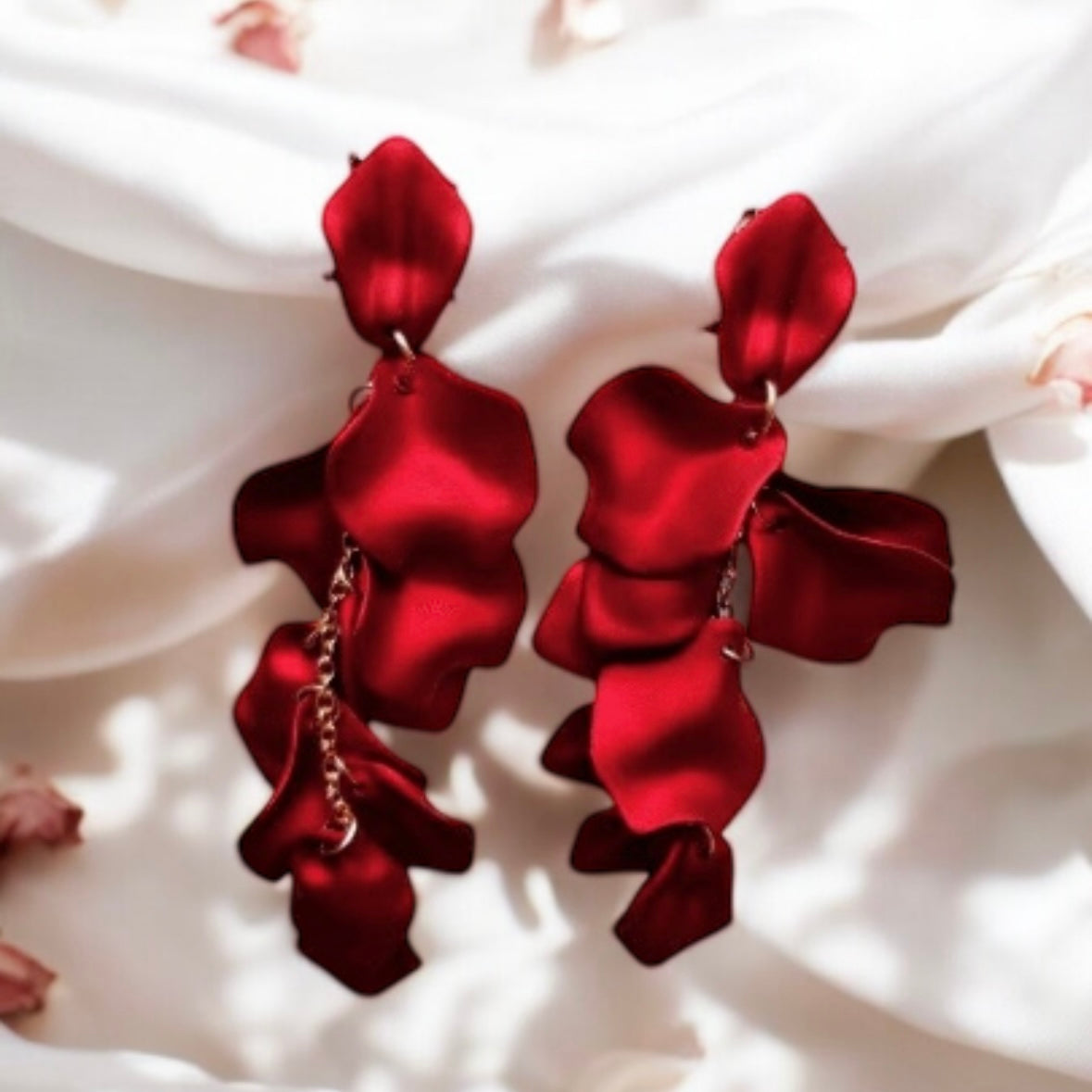 Hot red iridescent flower earrings | dangle petals baroque earrings | unique golden floral earrings | bridal party wedding earrings