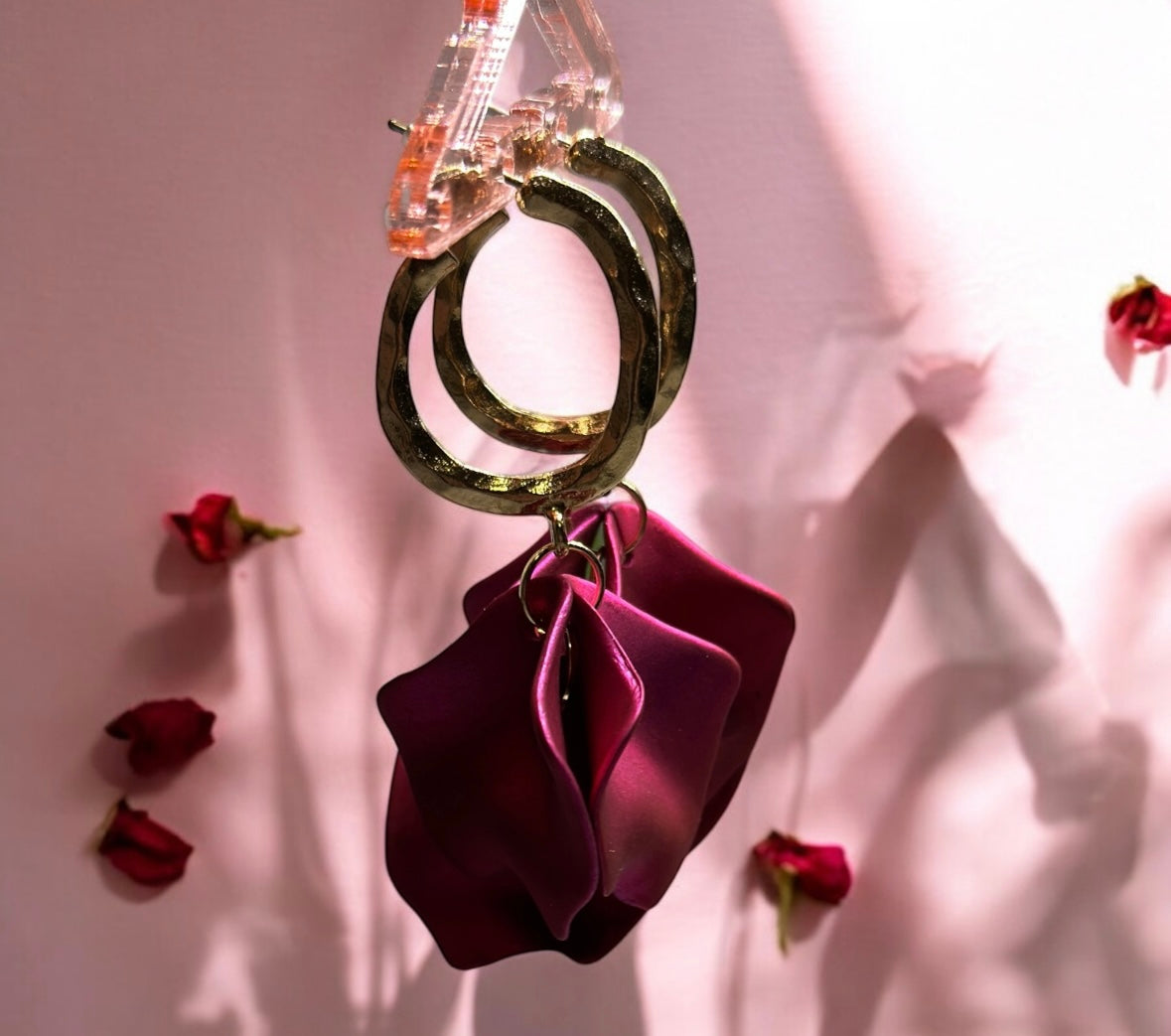 Fuchsia pink flower earrings | dangly earrings | golden geometric floral bridal party earrings