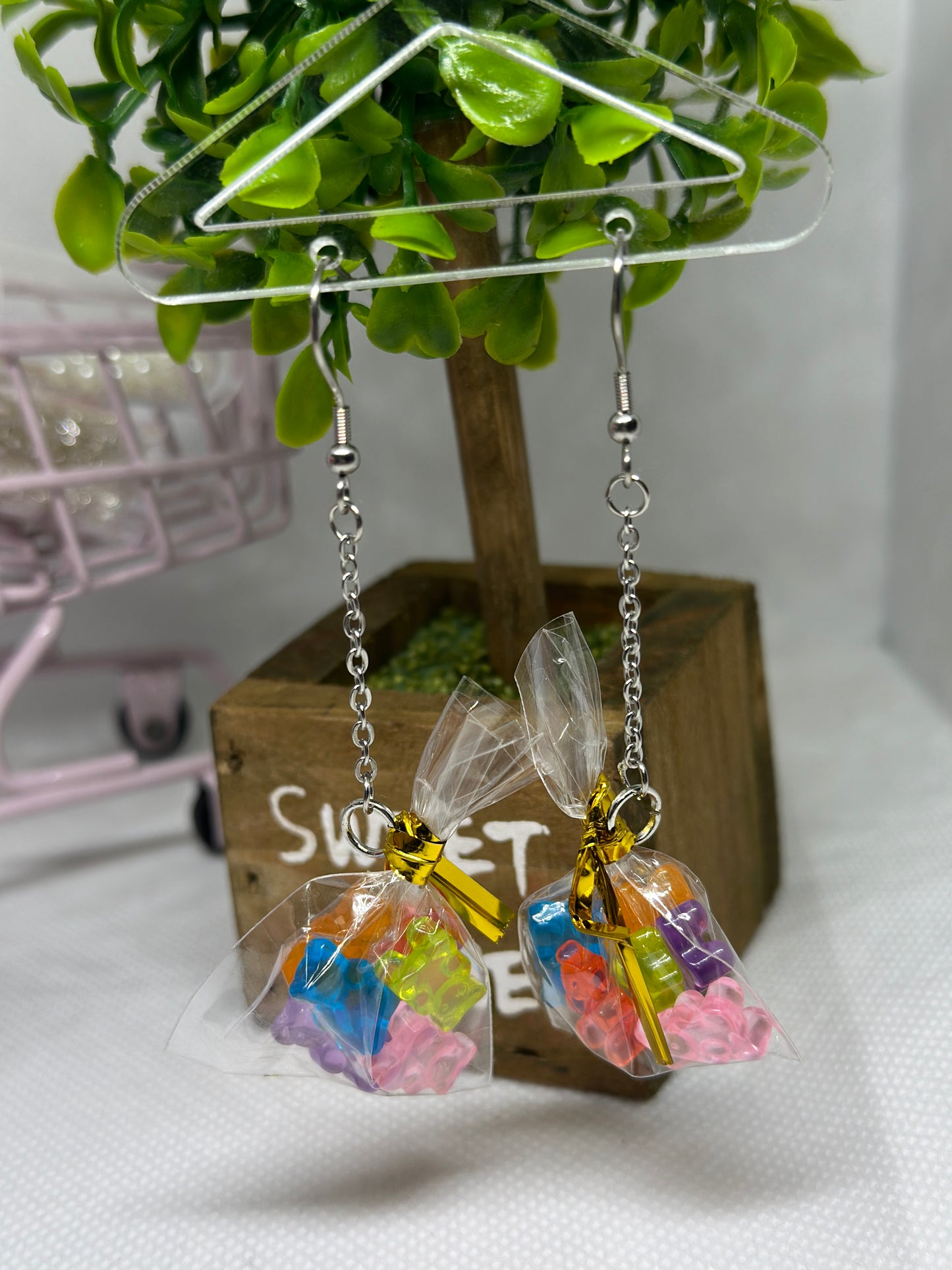 A bag of gummies | miniature candy bag earrings | fun cute art earrings | long dangle earrings