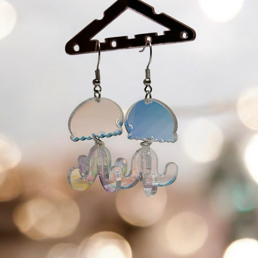 3D Jellyfish earrings | sea creature zoology earrings | colourful clear iridescent dangle oversize earrings | halgoram fun earrings