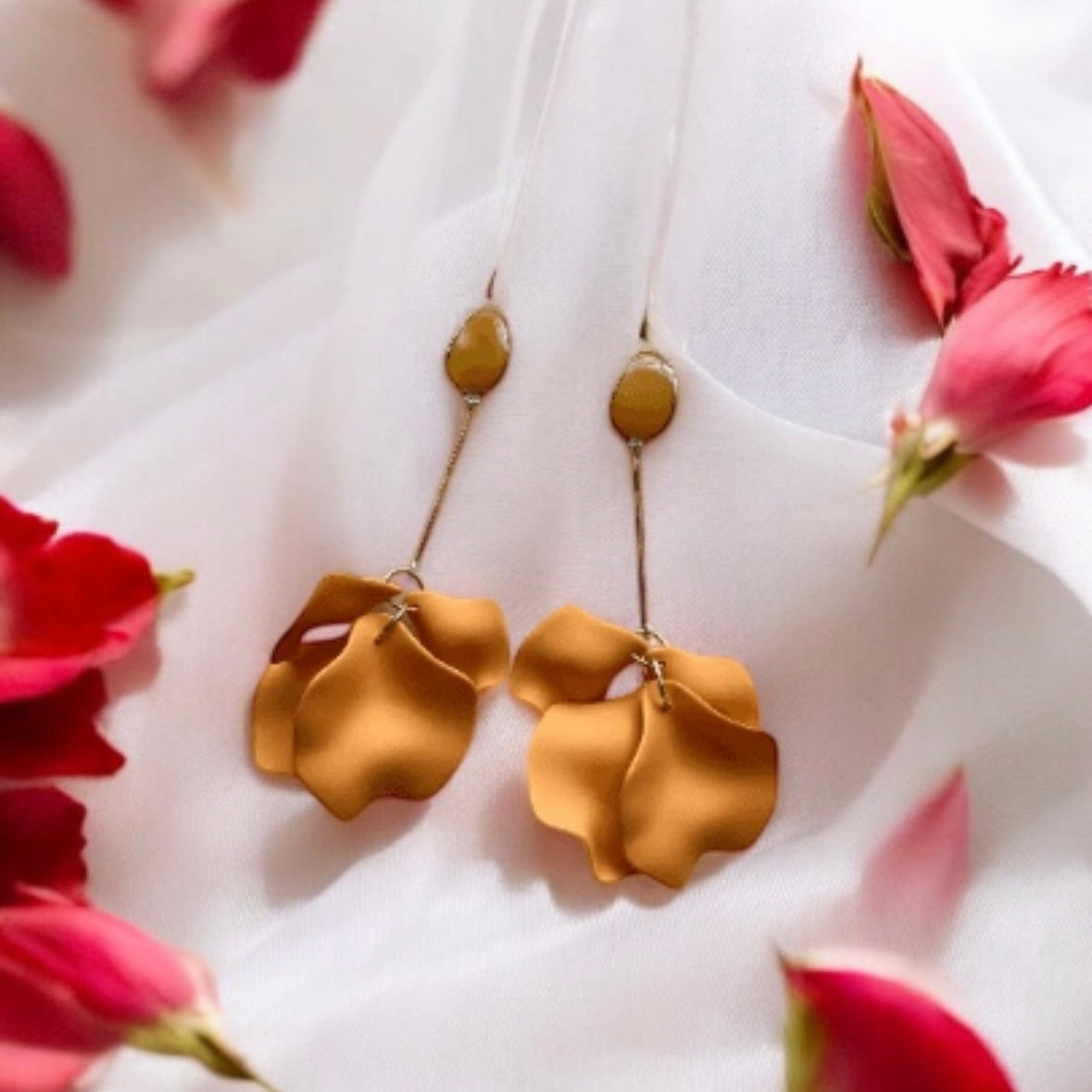 Light orange matte flower earrings | dangle petals statement earrings | unique golden bar floral earrings | bridal party wedding earrings