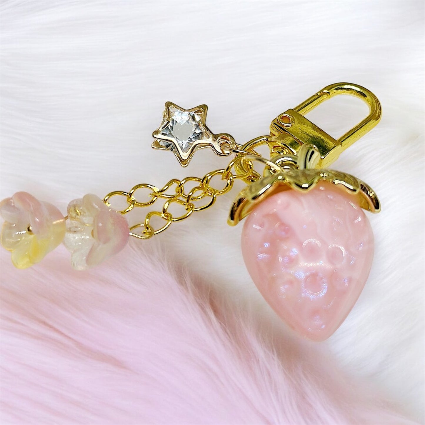 Pink jelly Strawberry bag charm | key chain | golden chain with heart bucket | y2k chain bag lover gift