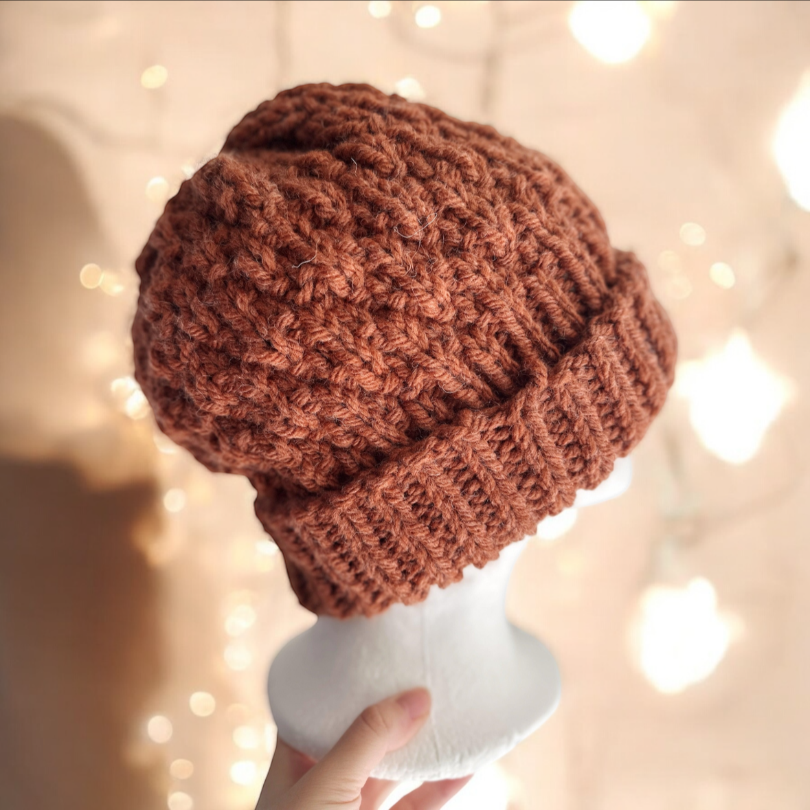 Handknit Chunky Patterned Beanie | Knit Beret | Foldable brim in saffron | Knit beanie in coffee | Fluffy and cozy winter hat