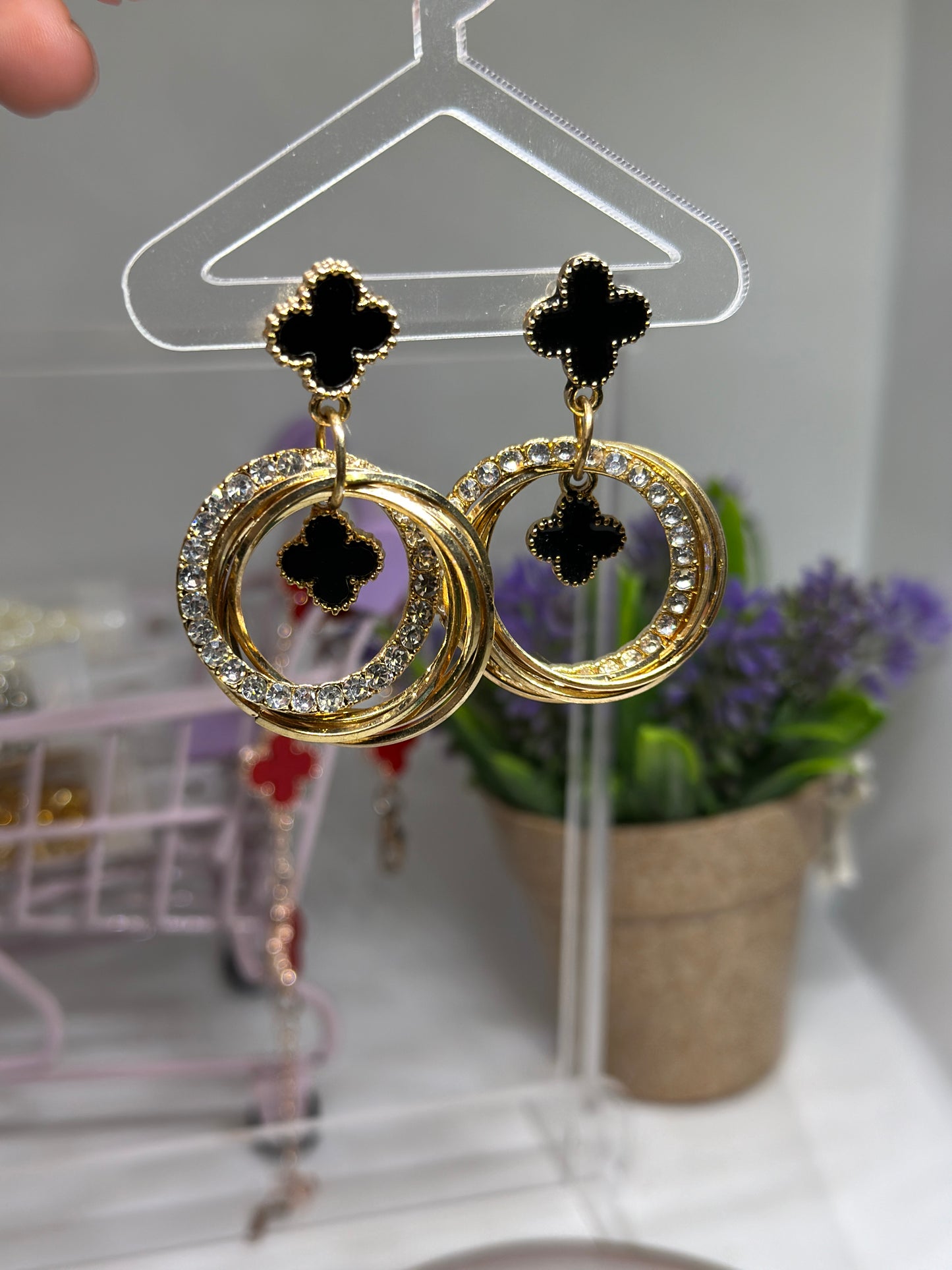 Golden clover earrings | rhinestone elegant earrings