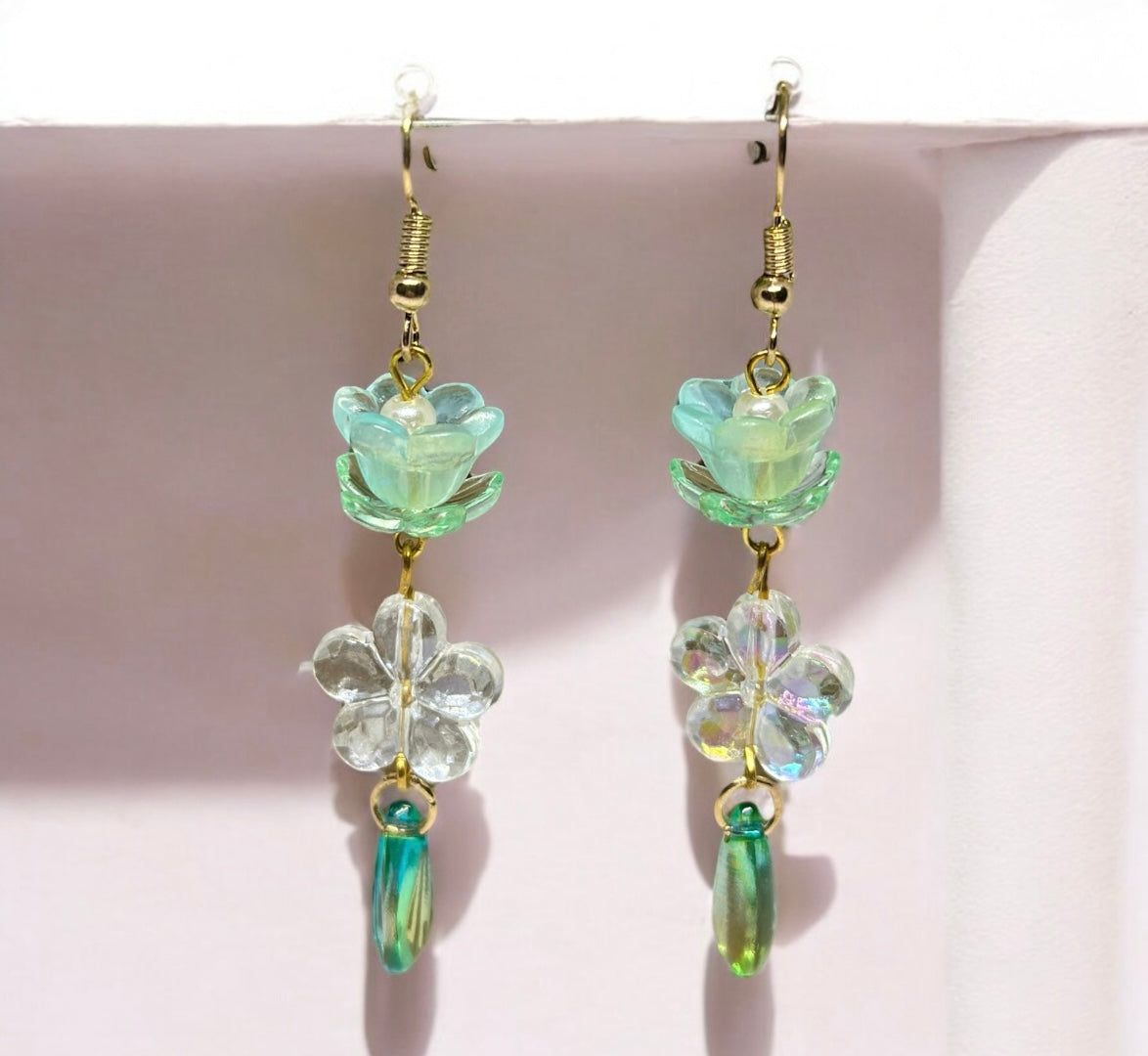 Mint green flower earrings | golden leaf mini flower earrings | elegant floral dangle chain earrings