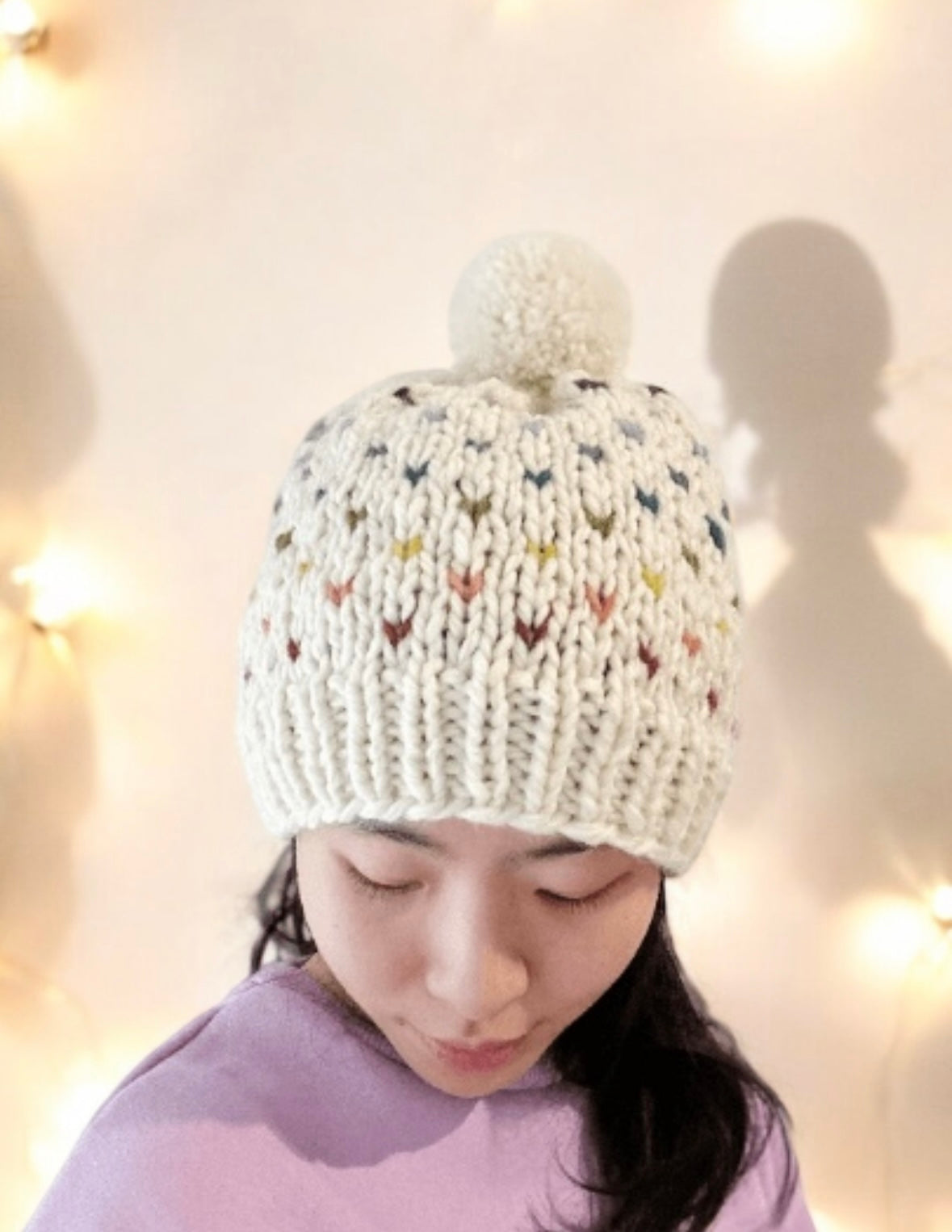 Handknit colourful dots pompom Beanie | rainbow candy colour hat | chuncky white beanie | Colour of Autumn season