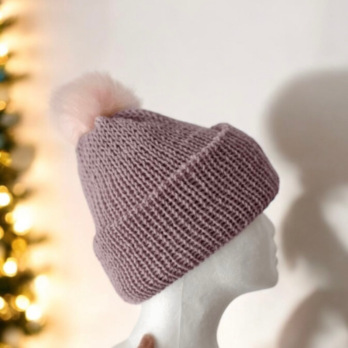 Handmade Double layered Knit beanie with faux fur pompom | Fur Pom Pom hat | Winter Knit Hat | Australian wool dusty light purple hat