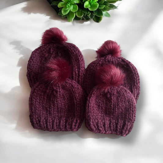 Hand knit fur Pom Pom baby Beanie in plum |Newborn baby Toddler Winter hat | Chunky Beanie |Baby shower gift |photo prop baby gift