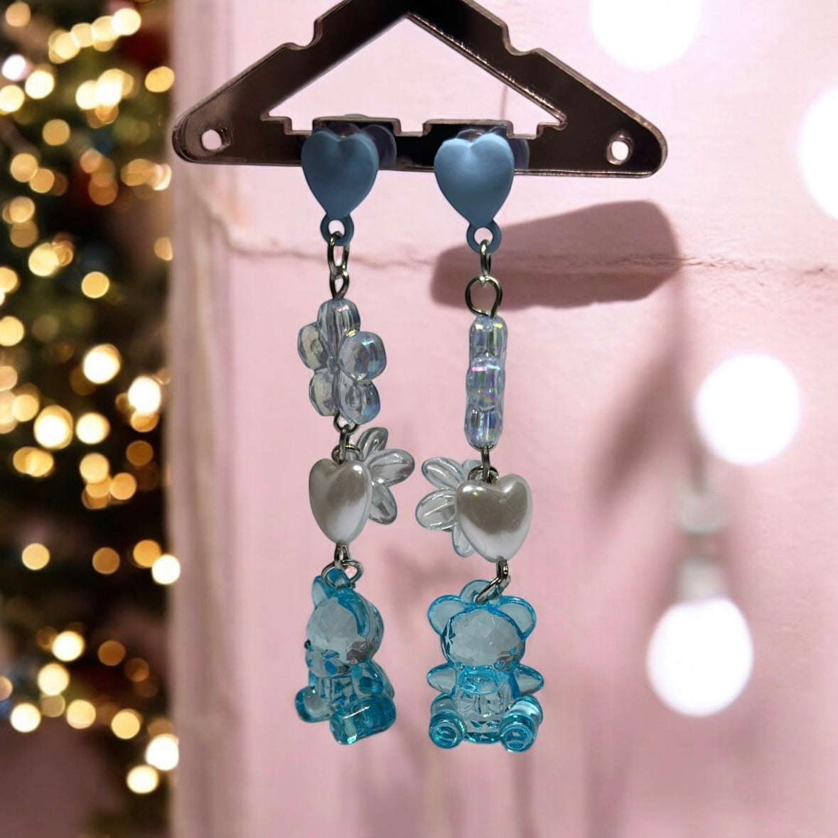 Blue glitter teddy bear earrings