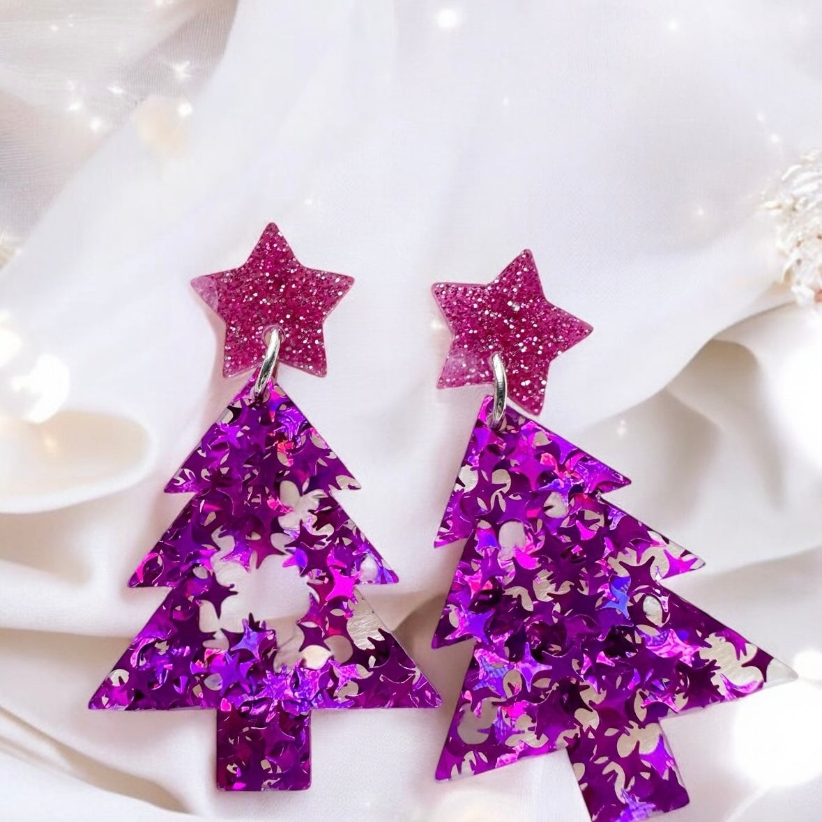 Christmas tree earrings | glitter star lightweight acrylic earrings - TuttyKnitty