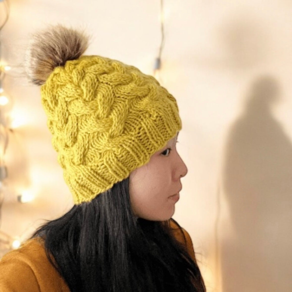 Handknit Cable Brim Beanie | Knit Beret | Slouchy Hat in mustard | Knit beanie in yellow | Fluffy cozy fur pom pom winter hat