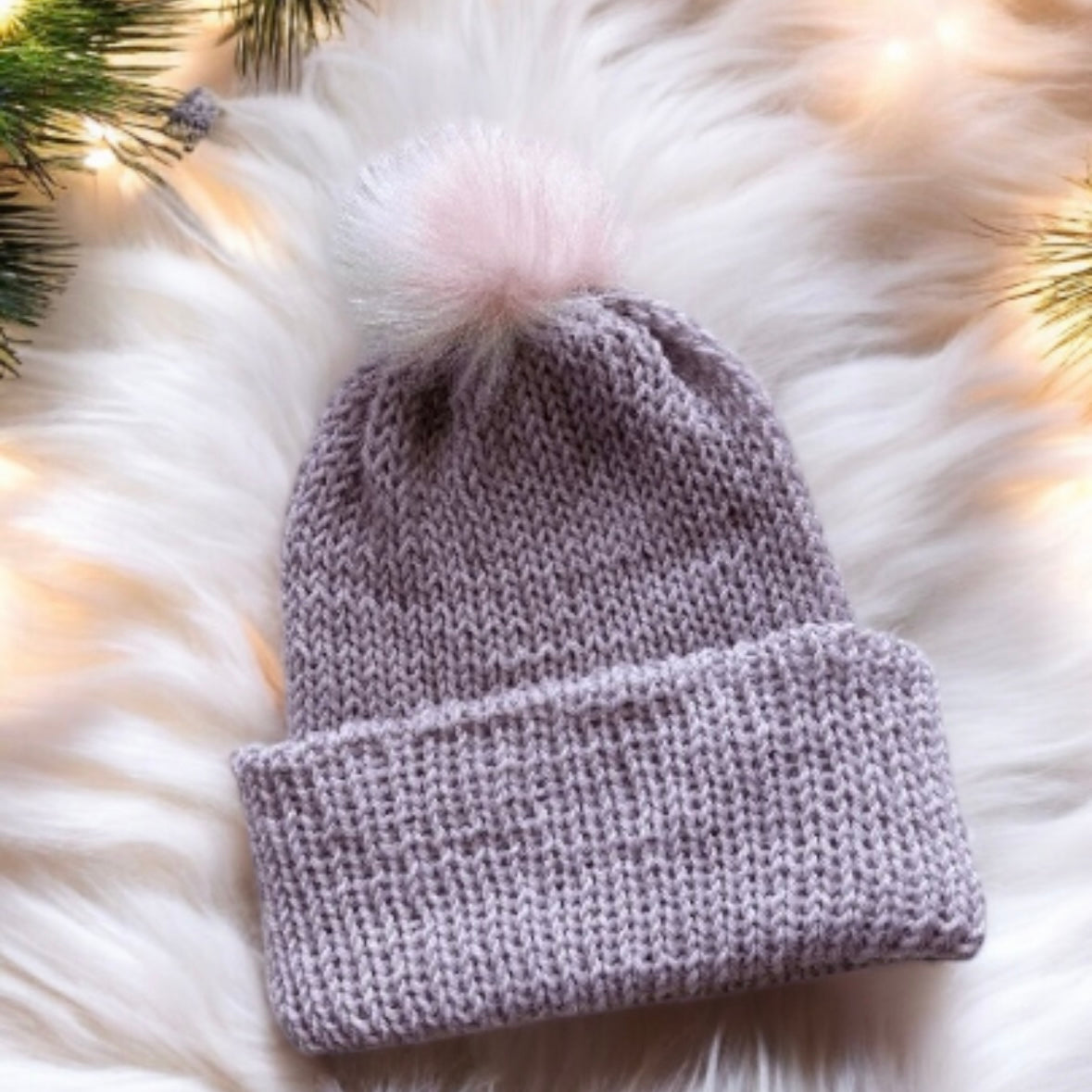 Handmade Double layered Knit beanie with faux fur pompom | Fur Pom Pom hat | Winter Knit Hat | Australian wool dusty light purple hat