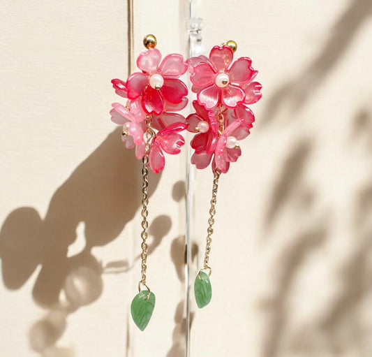 Sakura earrings |Kawaii cute fun chain earrings | korean art colourful dangle | pink frosted flower bridal earrings