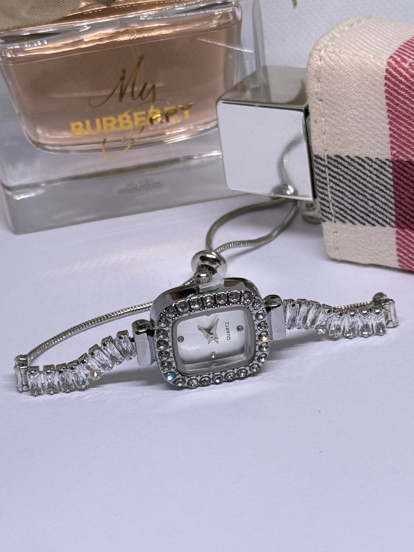 Silver tone rhinestone bracelet watch