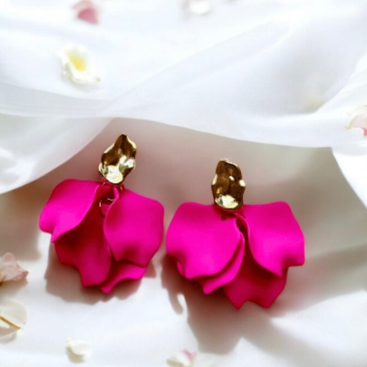 Hot barbie pink flower earrings | dangle petals glitter earrings | unique gold geometric floral earrings | bridal party wedding earrings