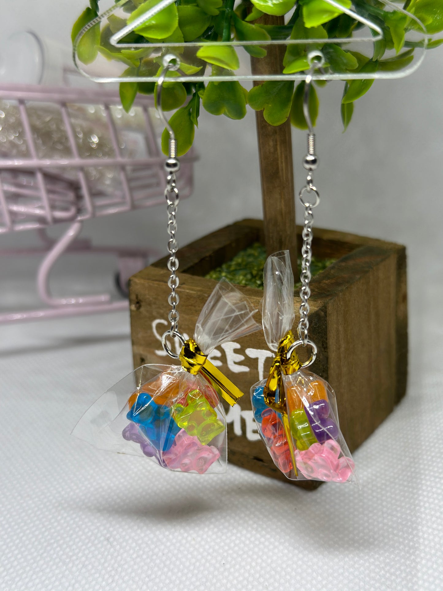 A bag of gummies | miniature candy bag earrings | fun cute art earrings | long dangle earrings