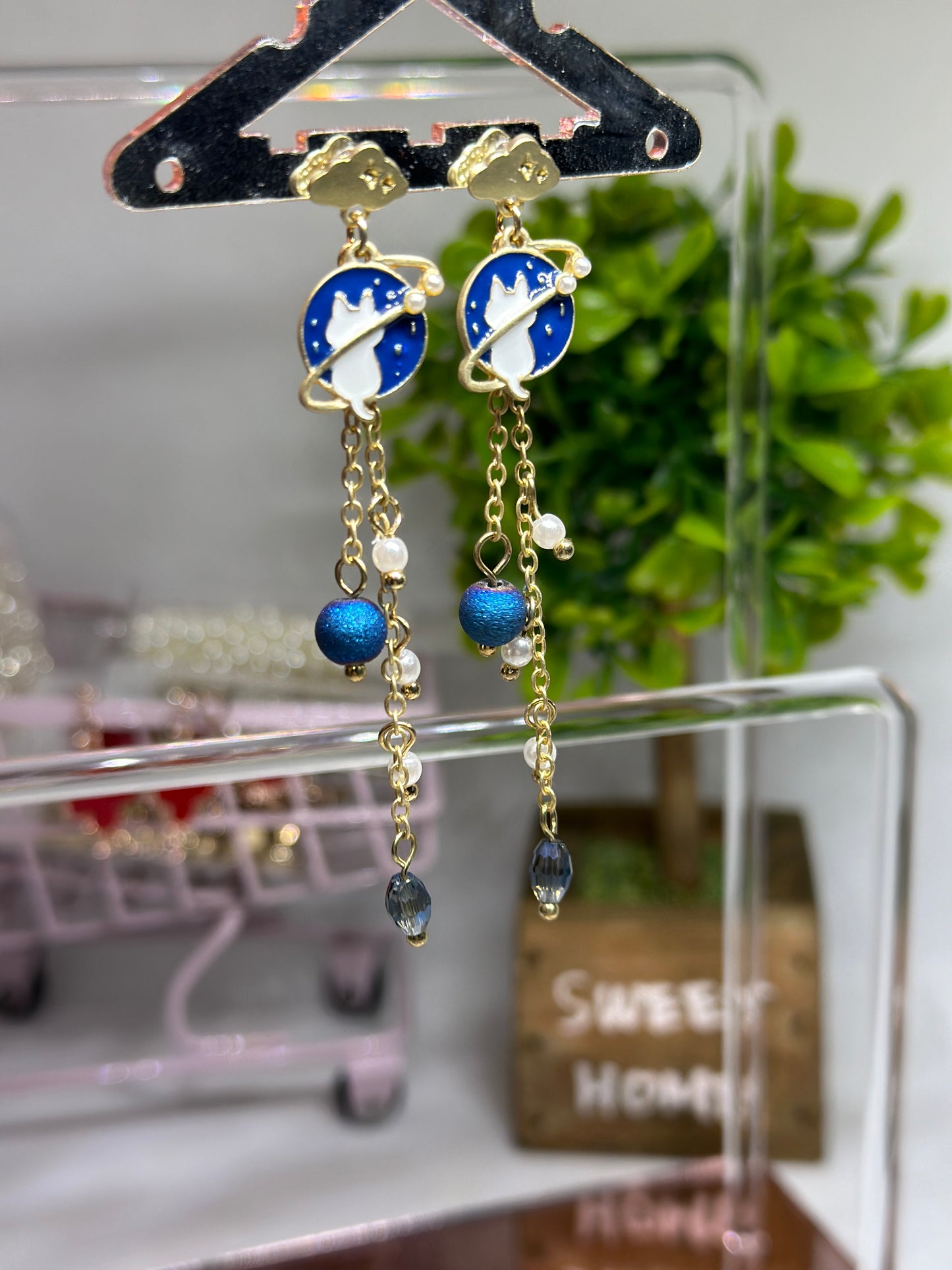 Celestial statement earrings | Blue cat planets earrings