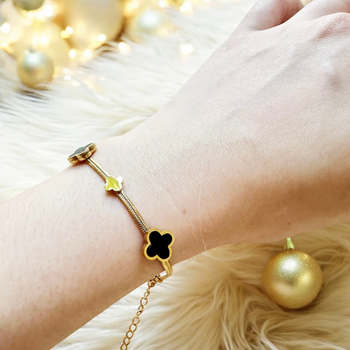 Golden bracelet with clover pattern | rhinestones embossed | shinny decor bracelet