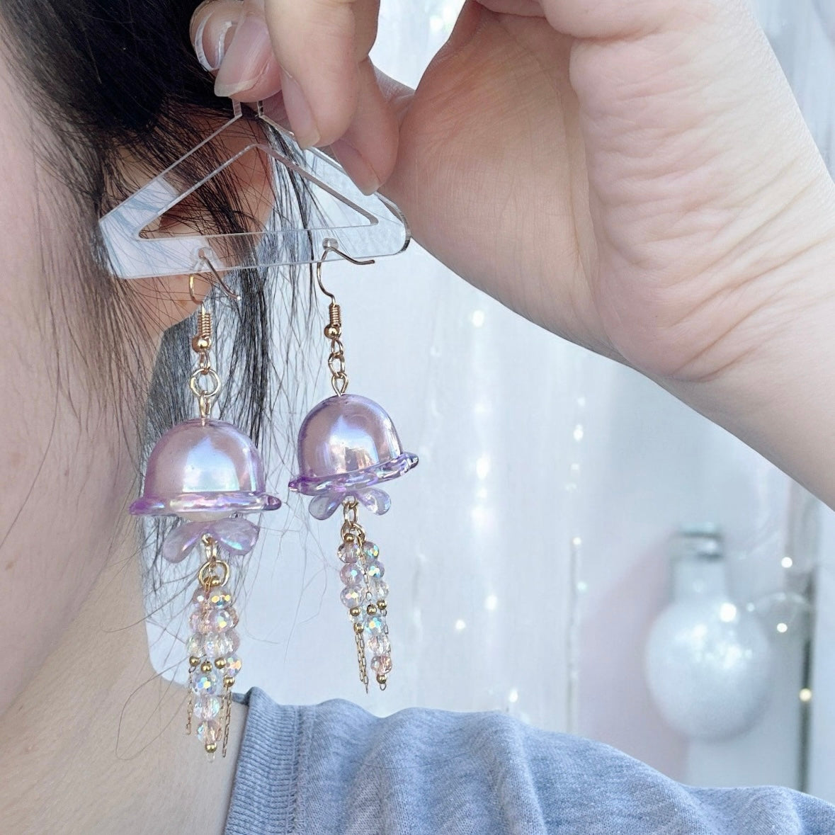 Jellyfish earrings | sea creature zoology earrings | colourful clear iridescent dangle oversize earrings | halgoram fun y2k earrings