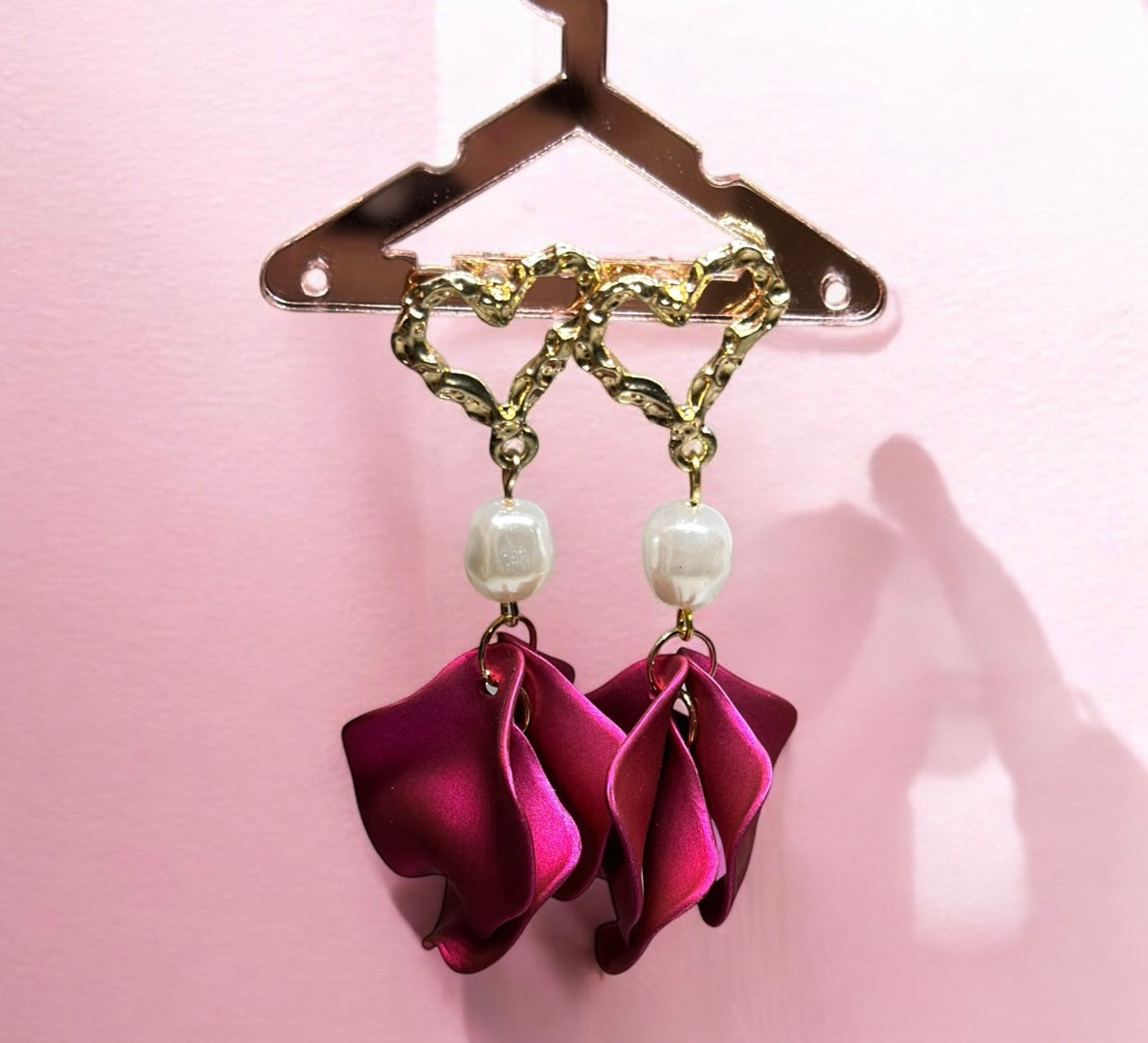 Fuchsia pink flower earrings | heart pearl earrings