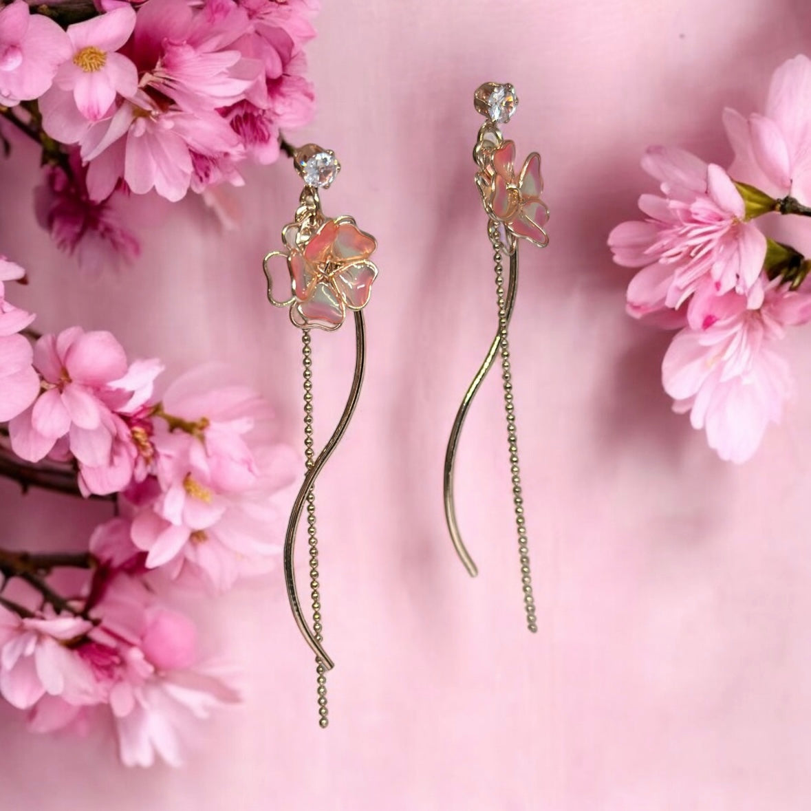 Sweet pink sakura earrings |Kawaii cute fun chain earrings | korean art colourful dangle earrings | buttefly flower crystal clear beads