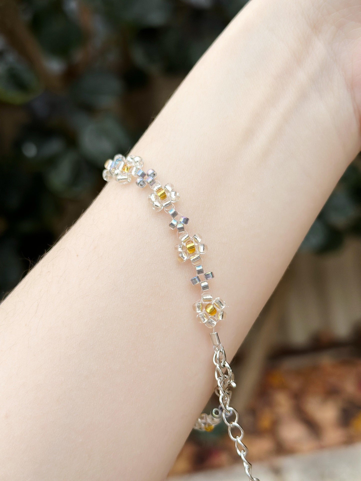 Silver & Gold Beaded bracelet with daisy pattern | silver colour chain | shinny decor bracelet |