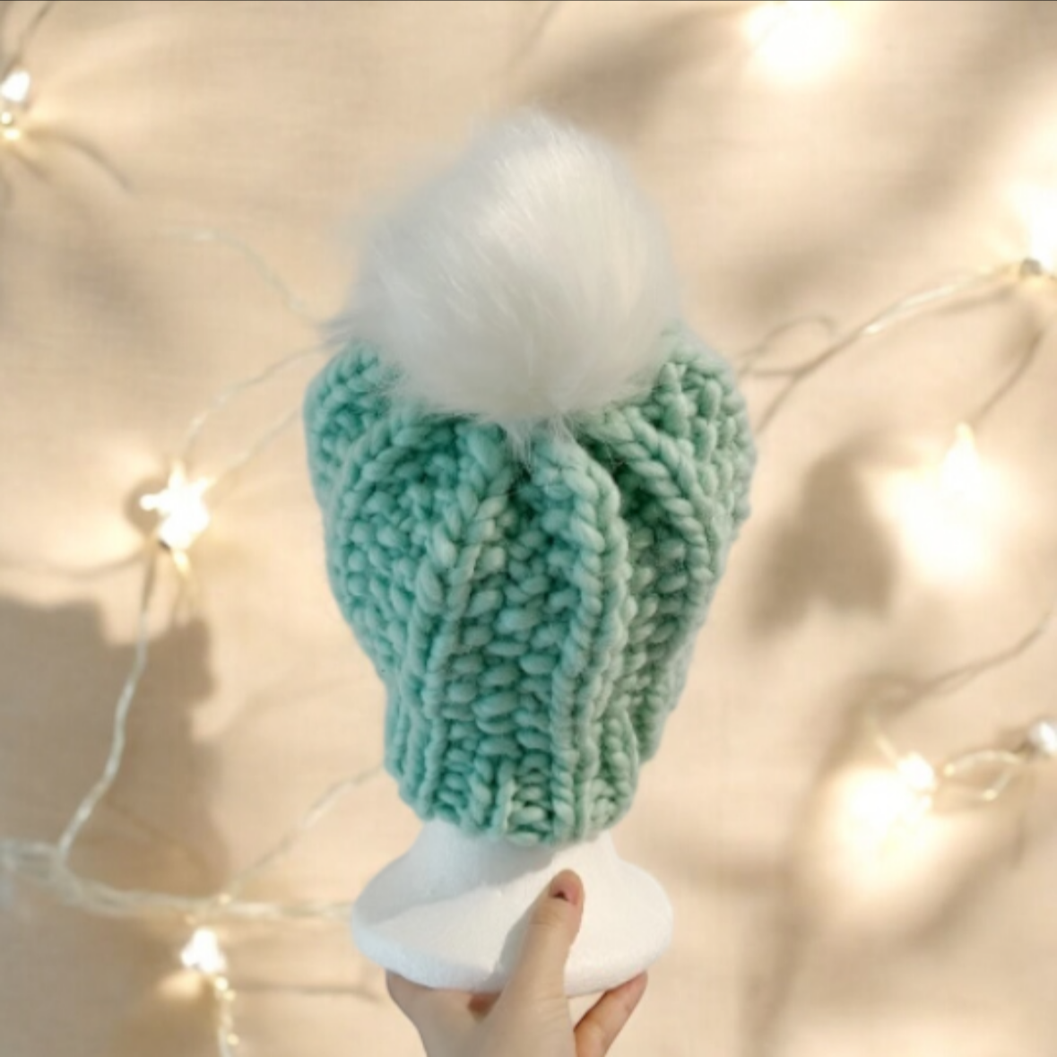 Super chunky faux fur pompom slouchy hat | knit winter beanie | cozy warm knit hat | mint green colour hat