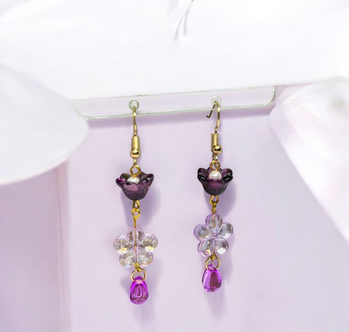 Purple flower earrings | golden leaf mini flower earrings | elegant floral dangle chain earrings