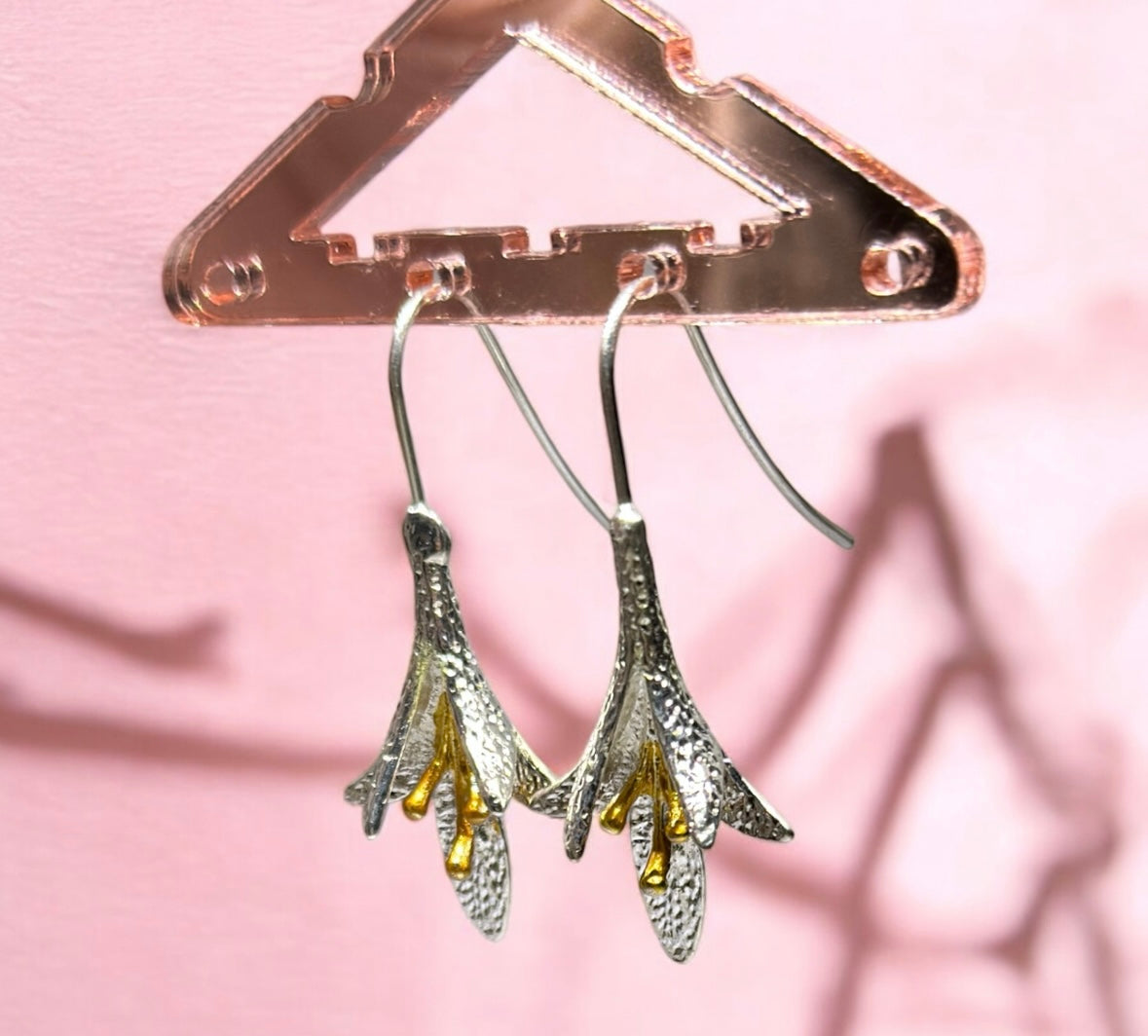 Silver lily leaf Flower Gold statement earrings | dangly drop earrings | floral geometric earrings | Korean earrings