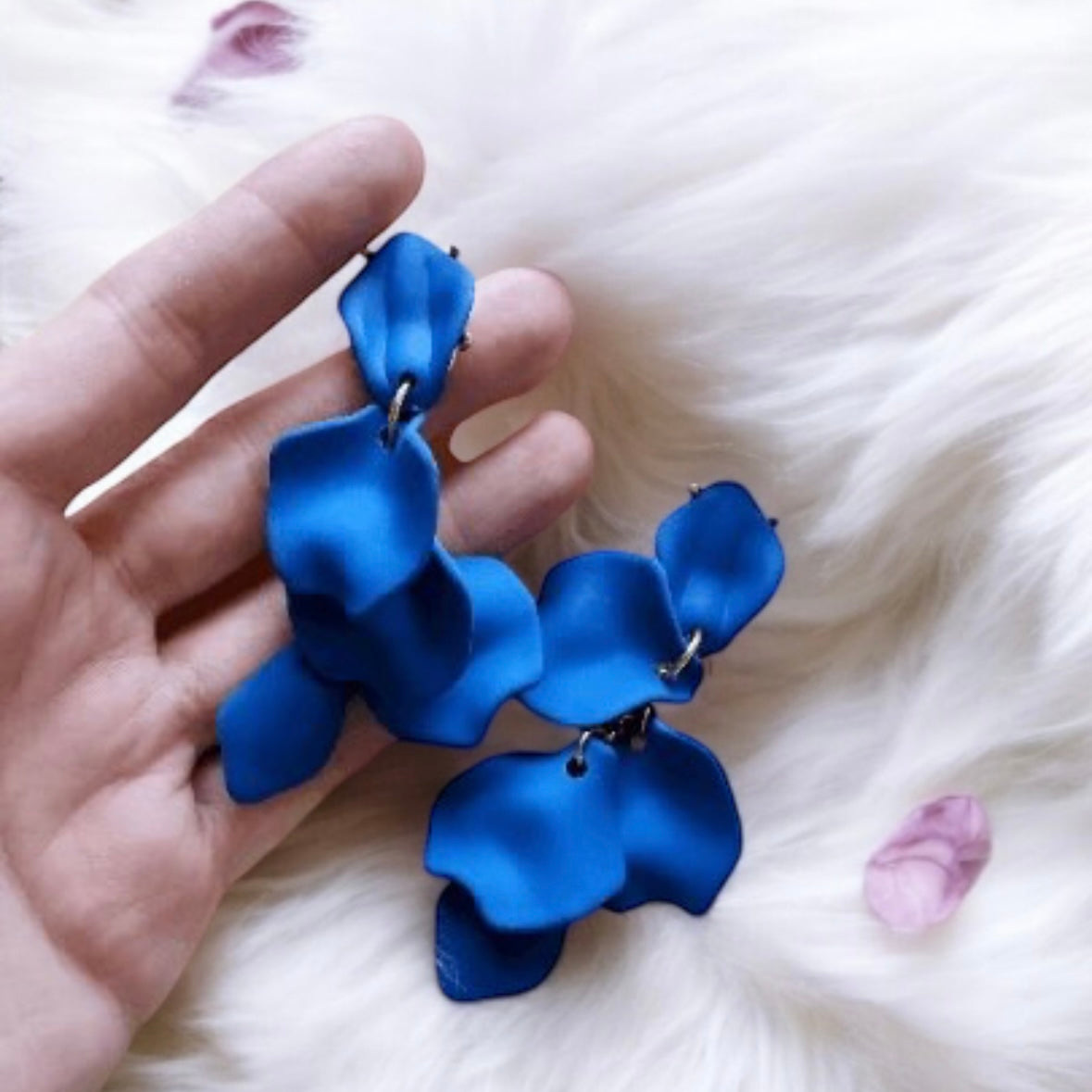 Blue matte flower earrings | dangle petals baroque earrings | unique gold floral earrings | bridal party wedding earrings