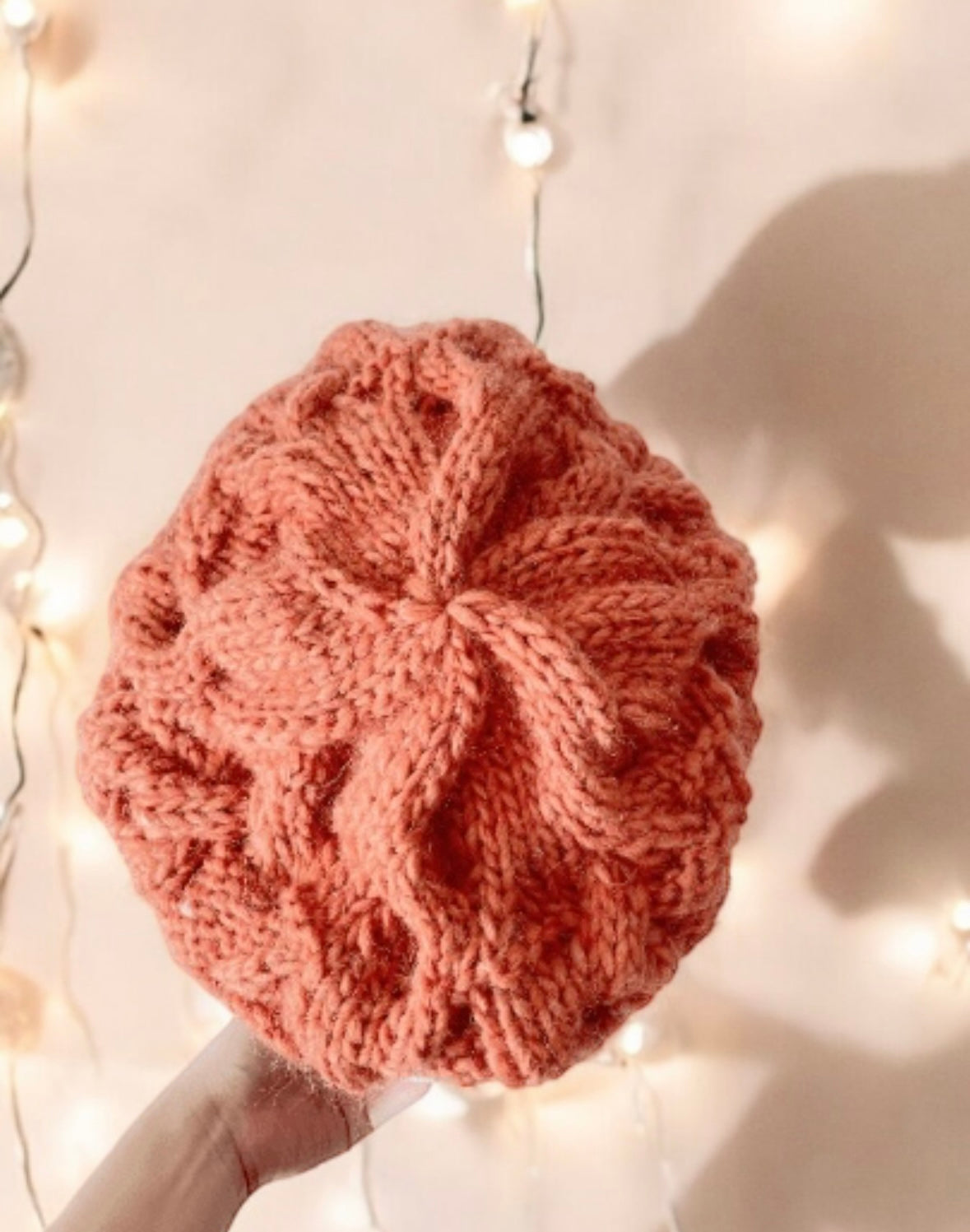 Handknit Cable Slouchy Beanie | Knit Beret | Slouchy Hat in coral orange colour| Knit beanie in peach | Fluffy and cozy winter hat