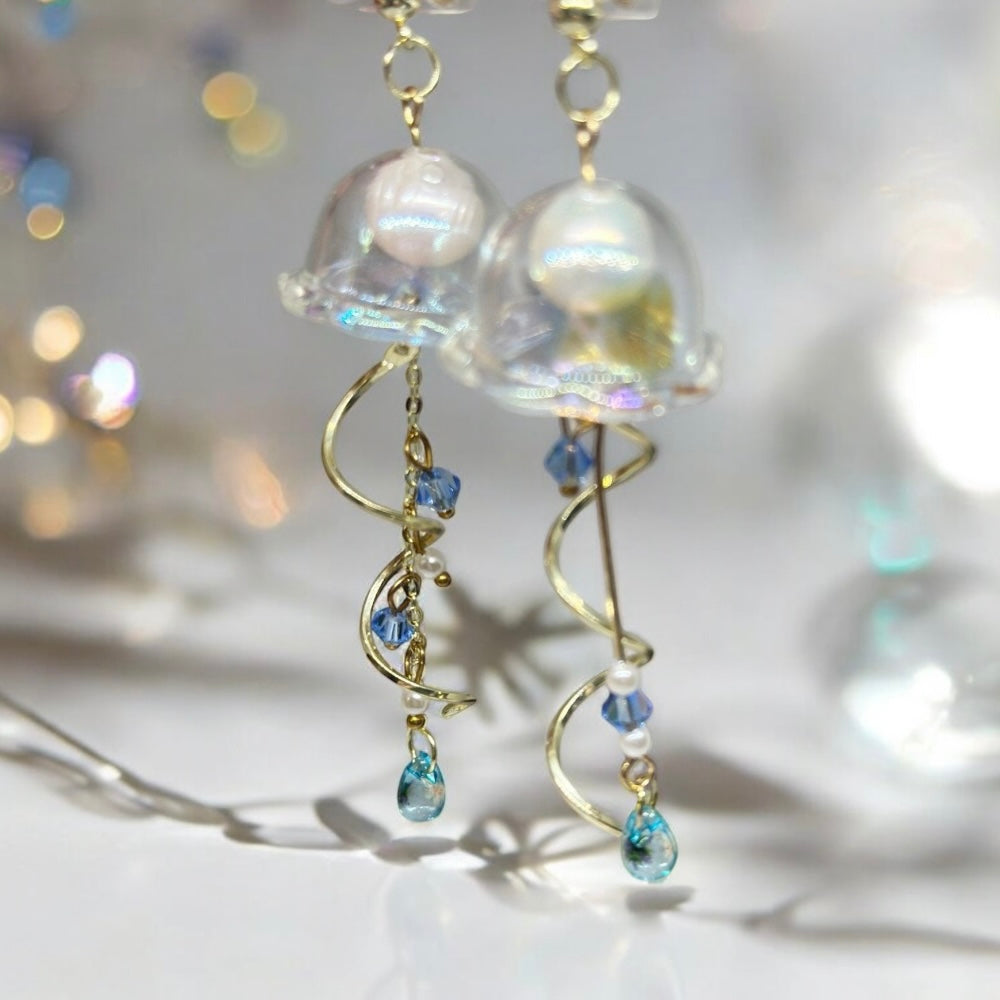 Blue sparkly clear Jellyfish earrings | sea creature zoology earrings | colourful clear iridescent dangle oversize earrings | halgoram earrings