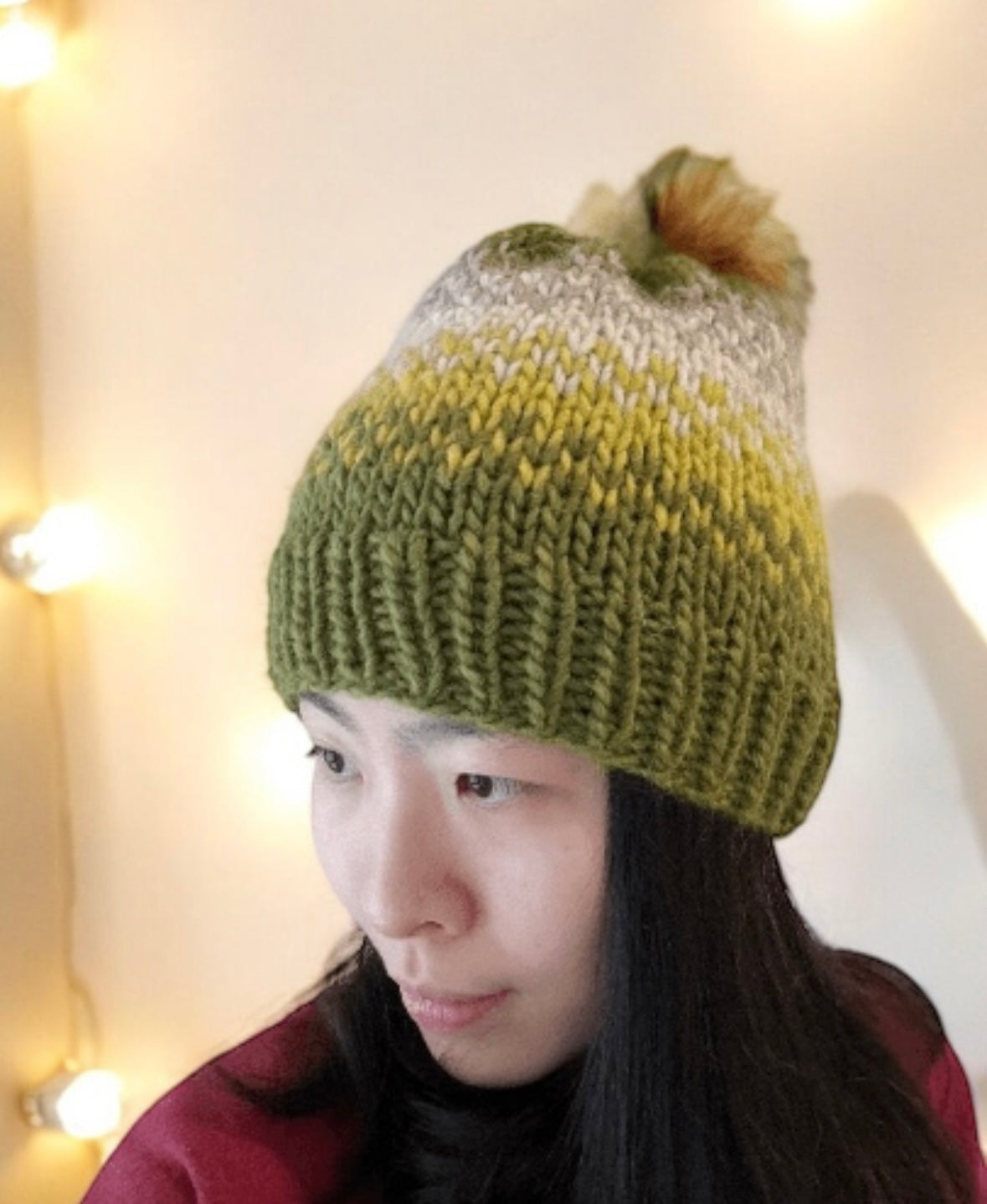 Handknit chunky Beanie | alpaca wool Beanie | large Fur Pom Pom Hat | Winter knit hat | Earthy green yellow slouchy hat