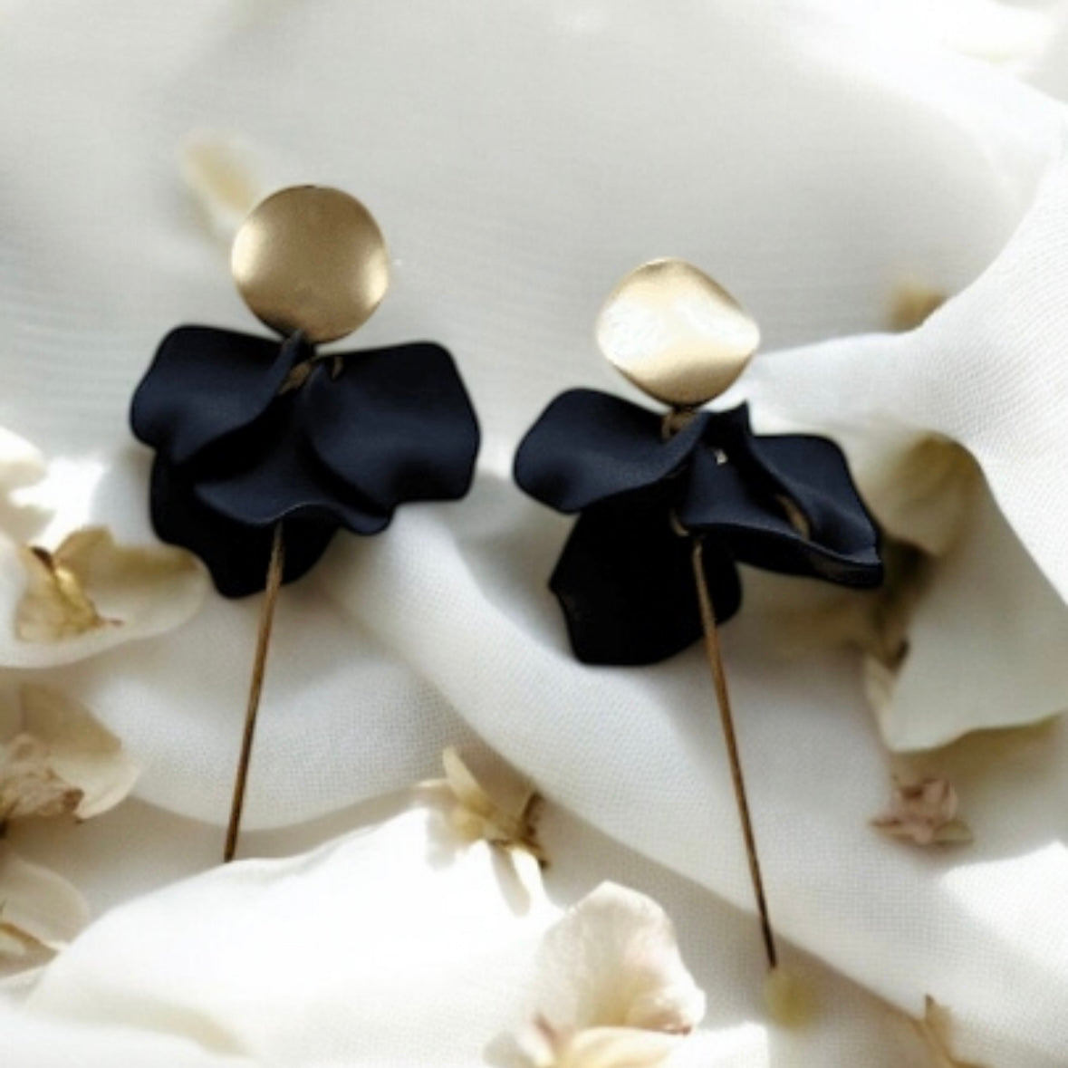 Pure black flowers earrings | frosted petals hoop earrings | unique floral earrings | golden crumpled geometric floral bridal earrings