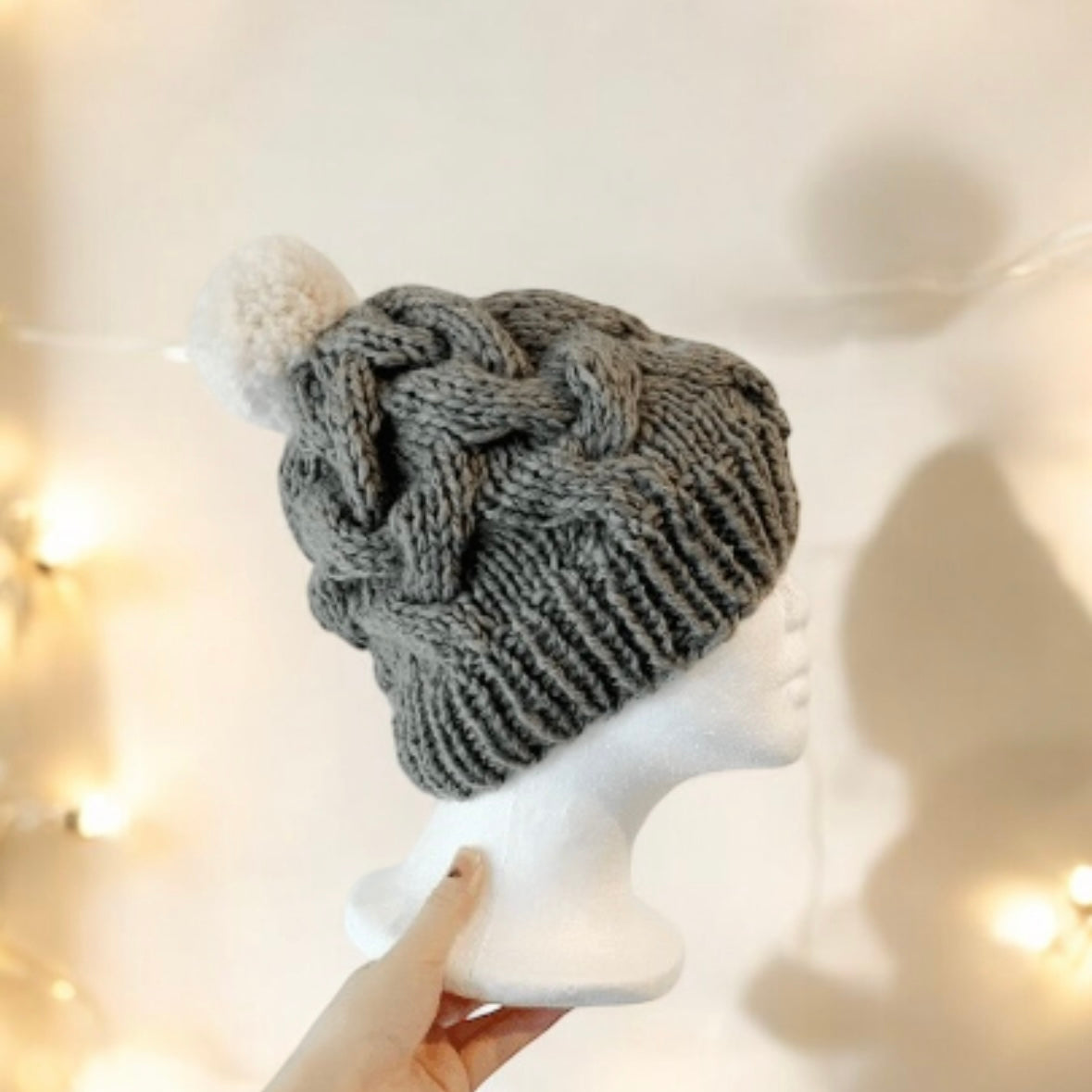 Handknit Cable Beanie | Knit Beret | Slouchy Hat in dark grey | Knit beanie in charcoal | Fluffy cozy fur pom pom winter hat