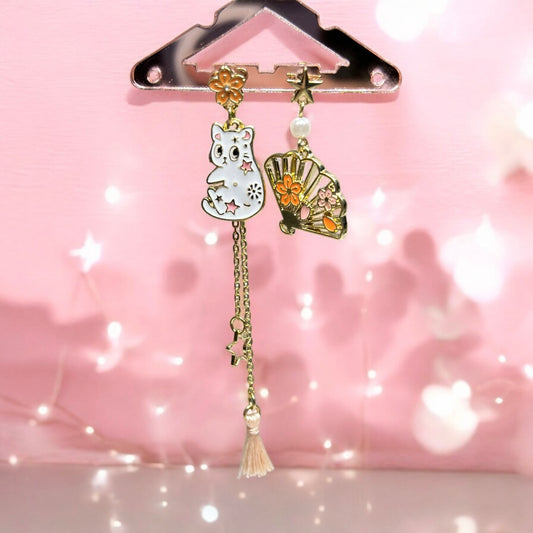 Kawaii cat cute fun chain earrings |mismatch sakura kitten oriental fan