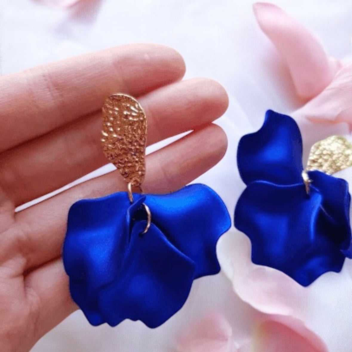 Royal blue iridescent flower earrings | rose petals statement earrings | unique golden bar floral earrings | bridal party wedding earrings