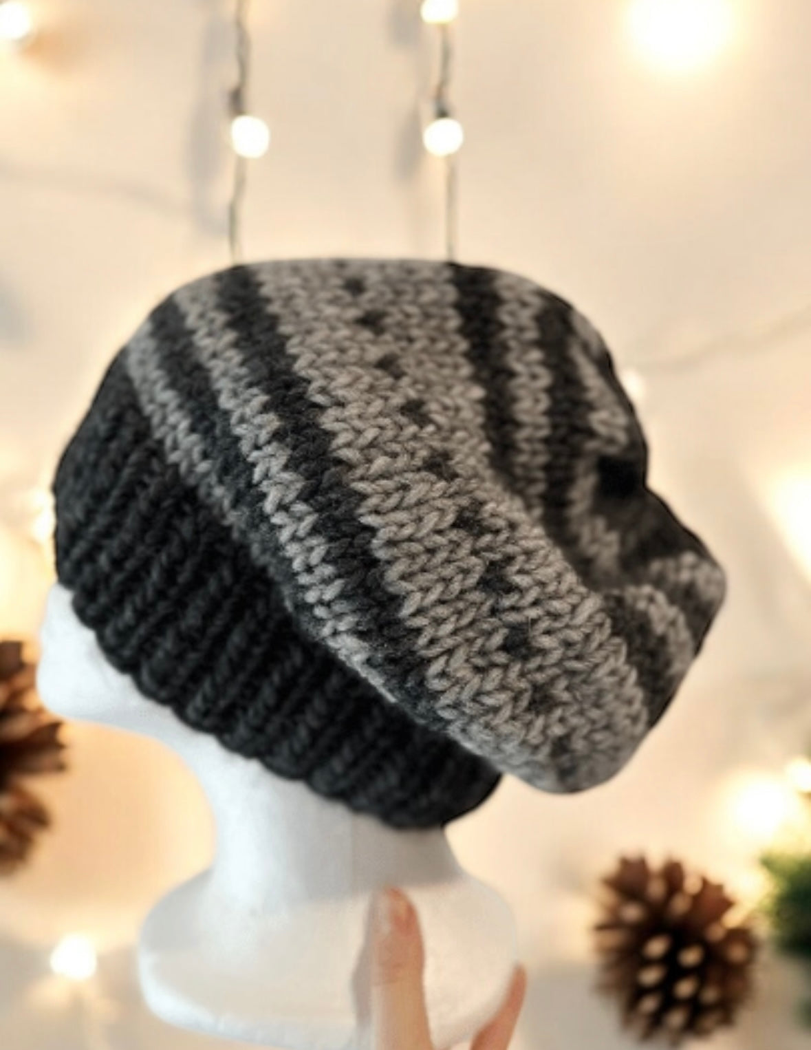 Handknit pattern Beanie | Winter hat | black and grey fair isle colour | autumn winter style | cozy hat