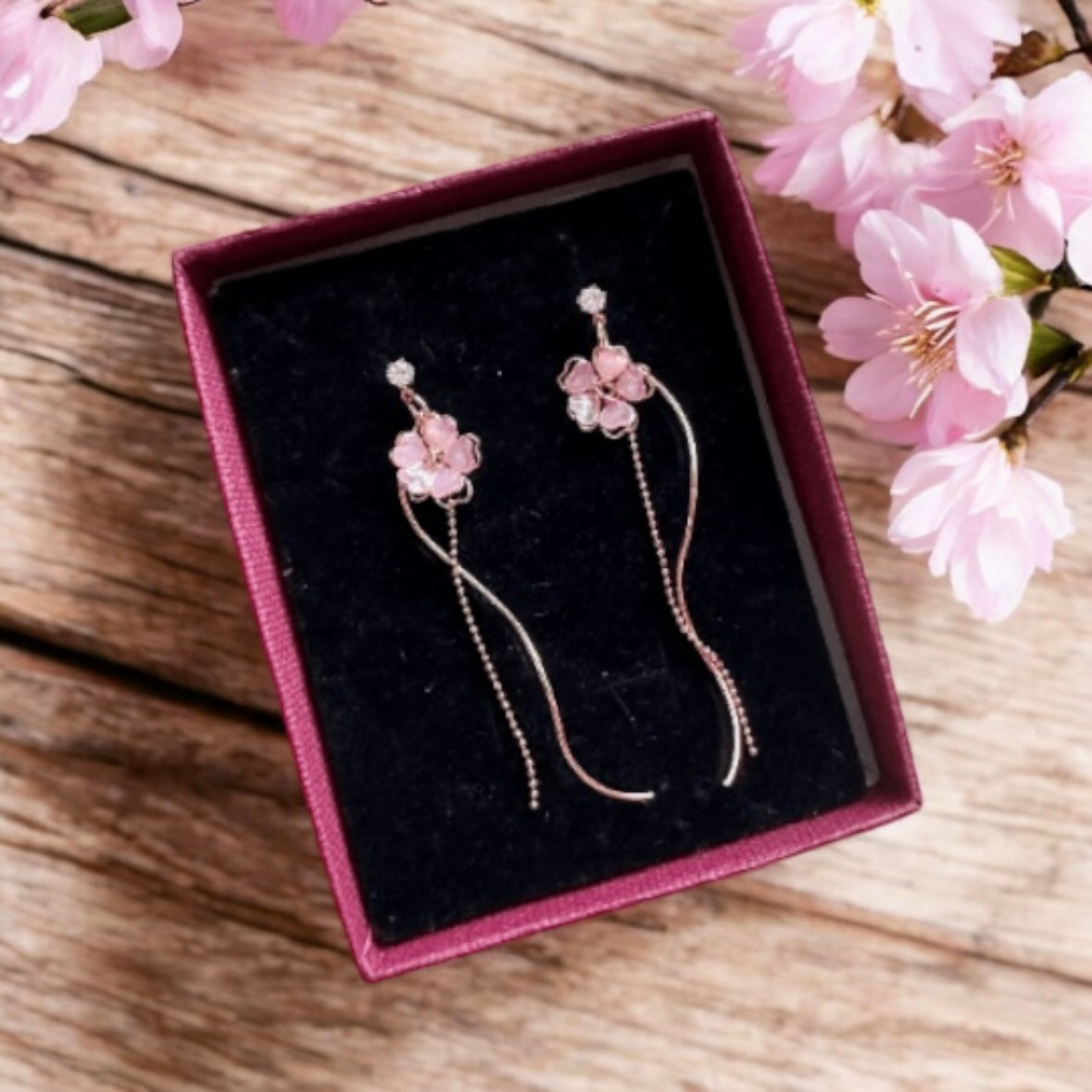 Sweet pink sakura earrings |Kawaii cute fun chain earrings | korean art colourful dangle earrings | buttefly flower crystal clear beads