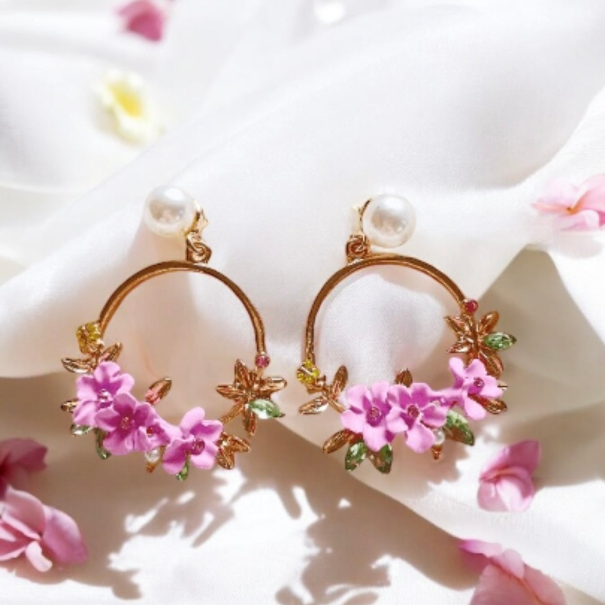 Gold flower hoop earrings with pearls | open dangle earrings | spring floral earrings | Flower petal dangly earrings | bridal earrings